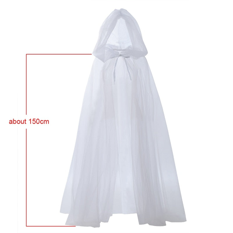 Witch Costume Elf Cloak Women Halloween Hooded Tulle Cape Cosplay