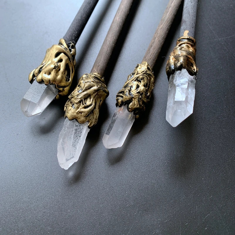 Witch Magic Stick Clear Quartz Point Crystal Scepter Fairy Wand Prop Wood Stick 1pc