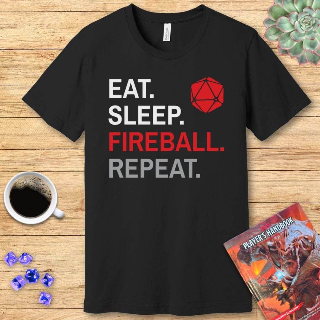 Wizard Class T-Shirt – 'Eat, Sleep, Fireball, Repeat' - Navy / S