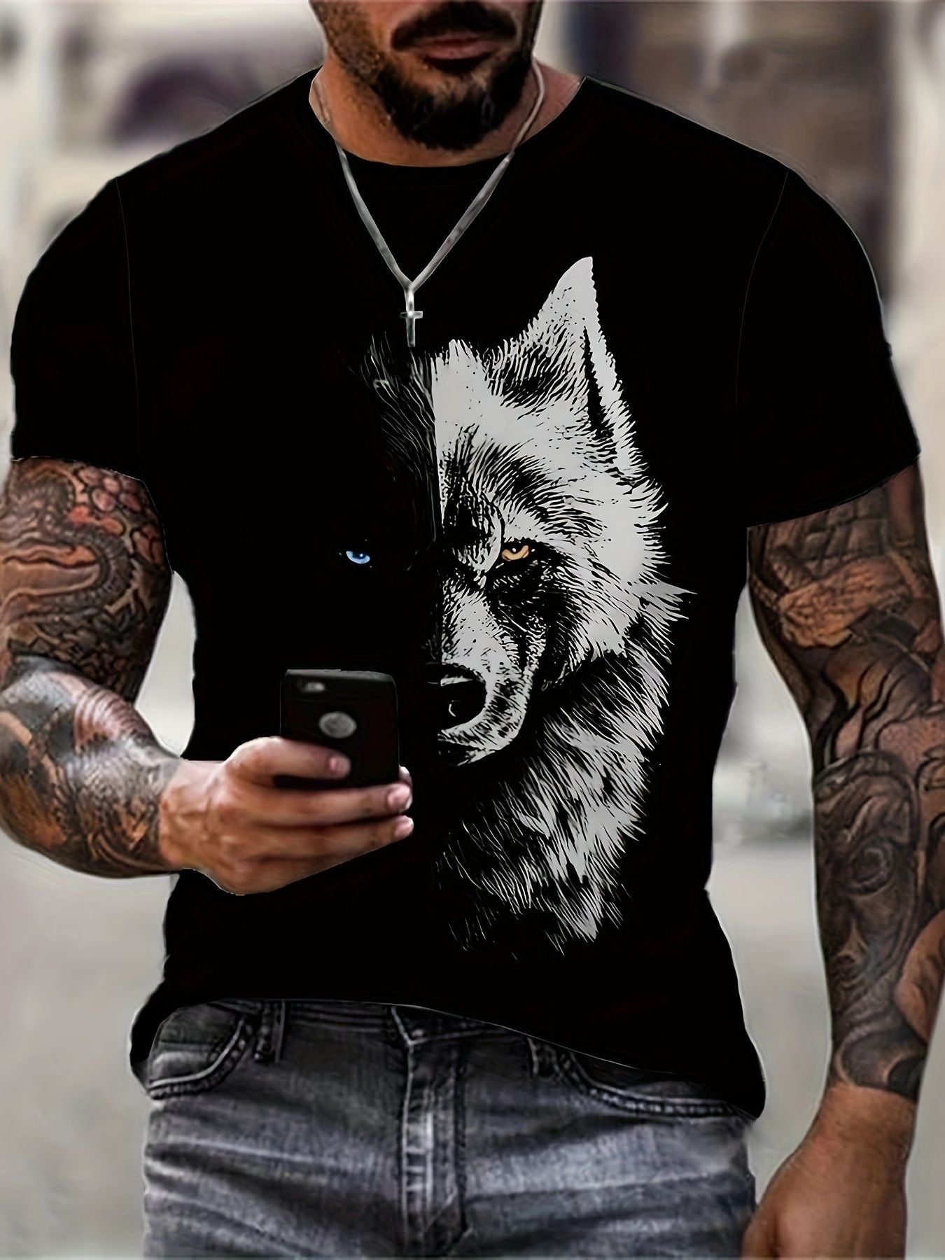 Wolf Creative 3D Printed Fashionable Men's T-shirt, Summer Casual Top, Comfortable And Fashionable Round Neck Short Sleeved Shirt, Suitable For Daily Wear