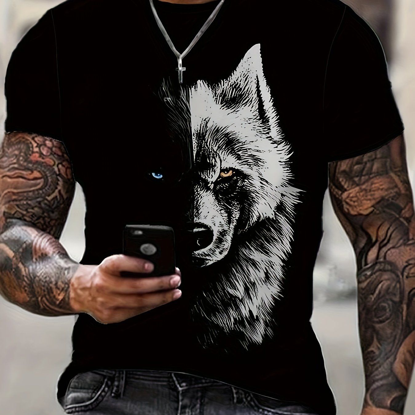 Wolf Creative 3D Printed Fashionable Men's T-shirt, Summer Casual Top, Comfortable And Fashionable Round Neck Short Sleeved Shirt, Suitable For Daily Wear