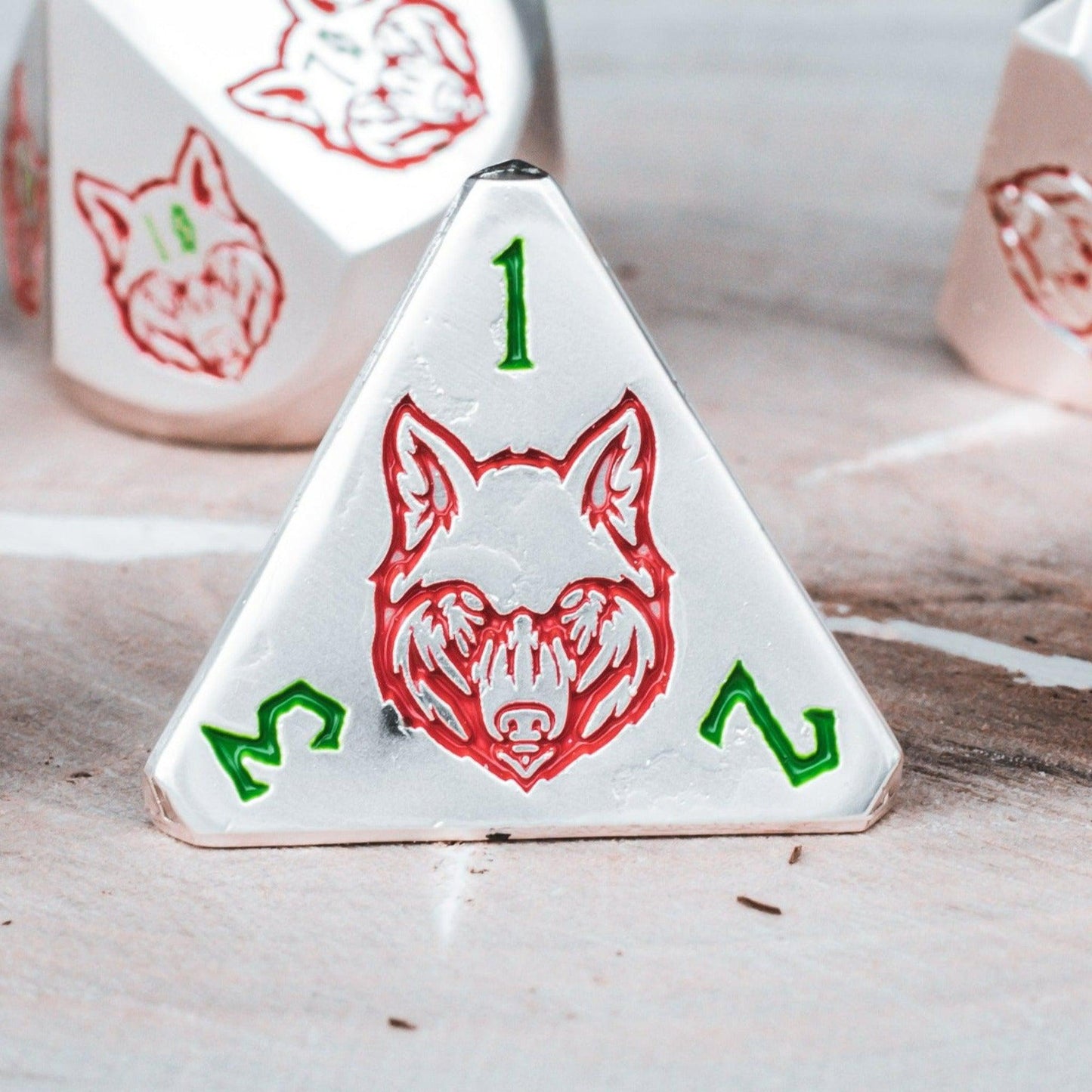 Wolves' Den Red, Green, and Silver Metal Dice Set