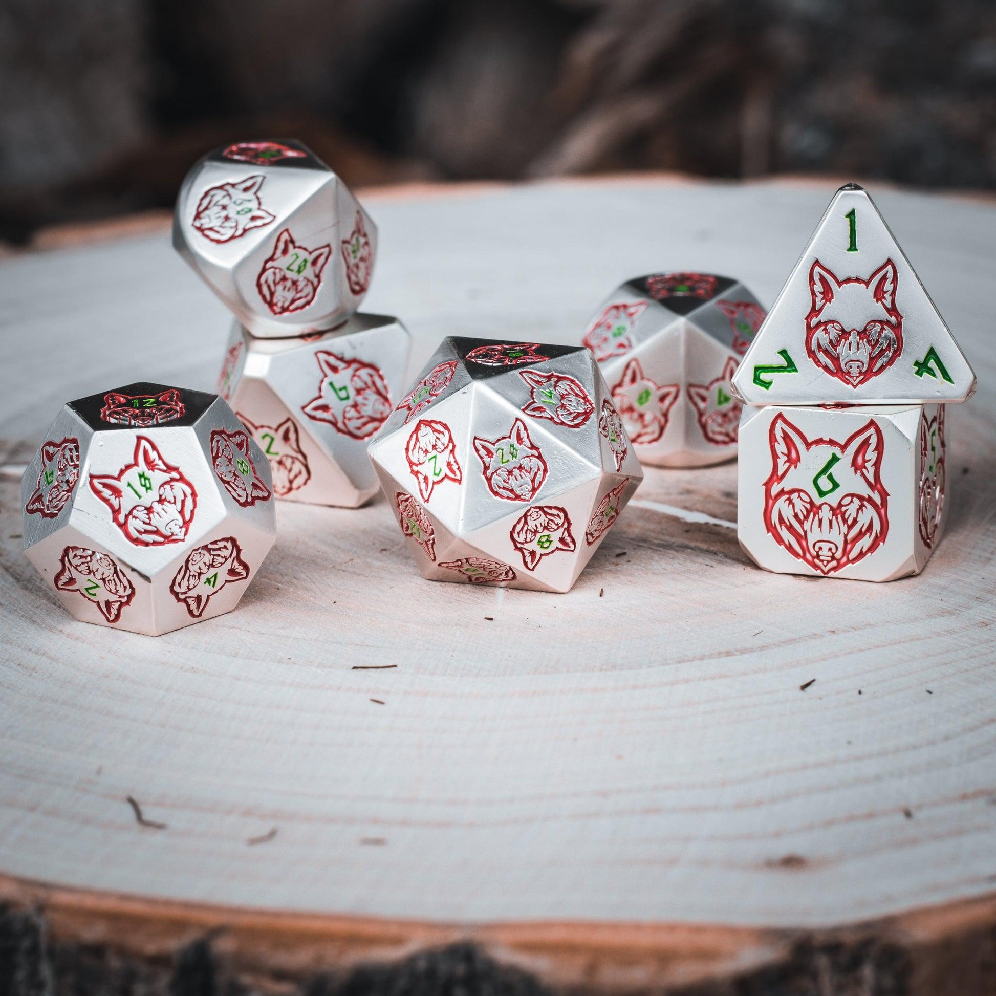 Wolves' Den Red, Green, and Silver Metal Dice Set