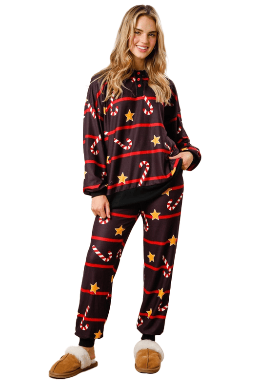 Women Candy Cane Christmas Pajamas Striped Lounge Set Xmas Pjs Set