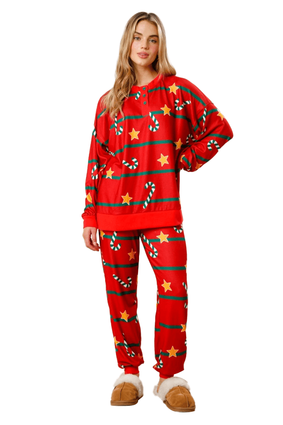 Women Candy Cane Christmas Pajamas Striped Lounge Set Xmas Pjs Set