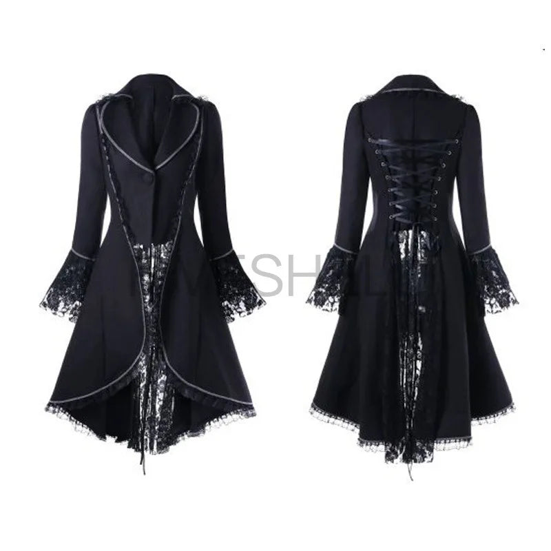 Women Medieval Steampunk Victorian Style Gothic Jacket Noble Court Retro Dress Halloween Costume Lace Trim Lace-up High Low Coat