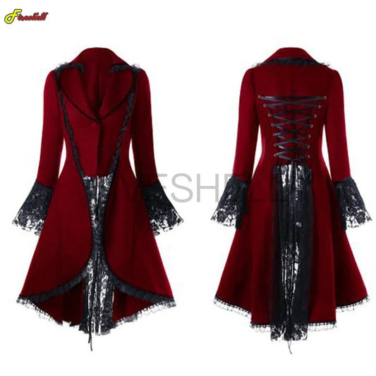 Women Medieval Steampunk Victorian Style Gothic Jacket Noble Court Retro Dress Halloween Costume Lace Trim Lace-up High Low Coat