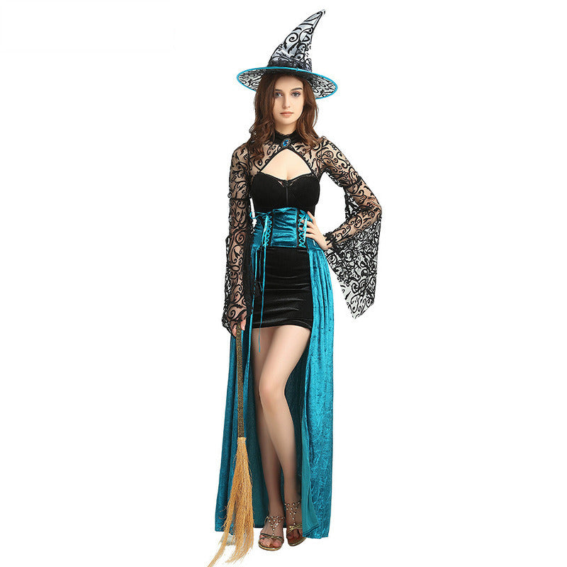 Women's 3Pcs Witch Costume Blue Long Sorceress Dress