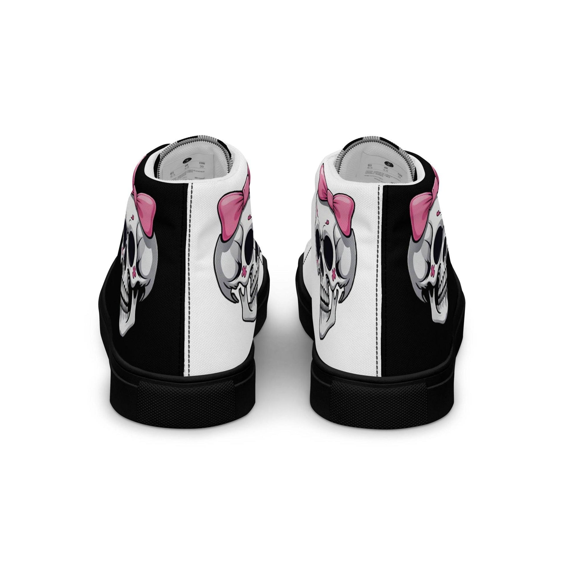 Black and White Girly Skull with Pink Bow Women’s High Top Canvas Shoes - 5