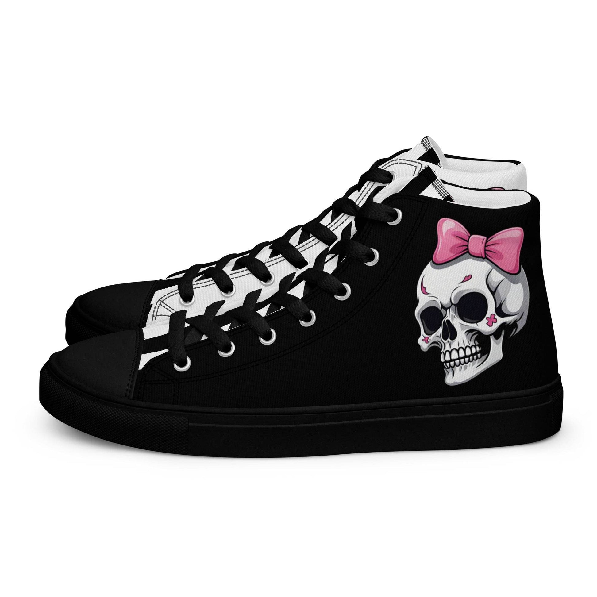 Black and White Girly Skull with Pink Bow Women’s High Top Canvas Shoes - 5
