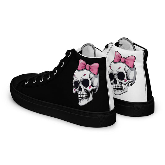 Black and White Girly Skull with Pink Bow Women’s High Top Canvas Shoes - 5