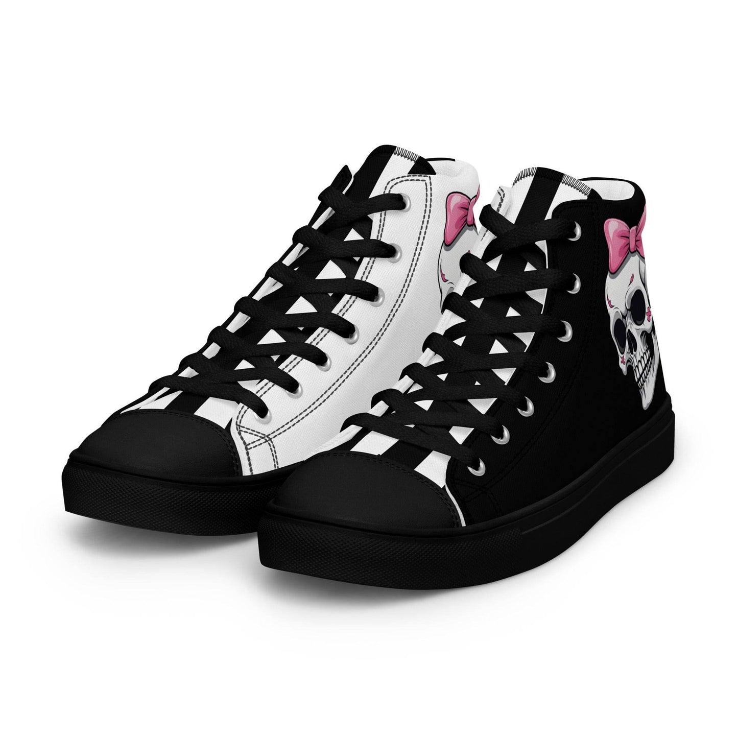 Black and White Girly Skull with Pink Bow Women’s High Top Canvas Shoes - 5