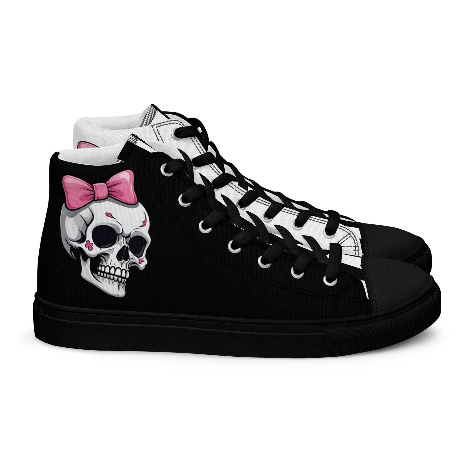Black and White Girly Skull with Pink Bow Women’s High Top Canvas Shoes - 5