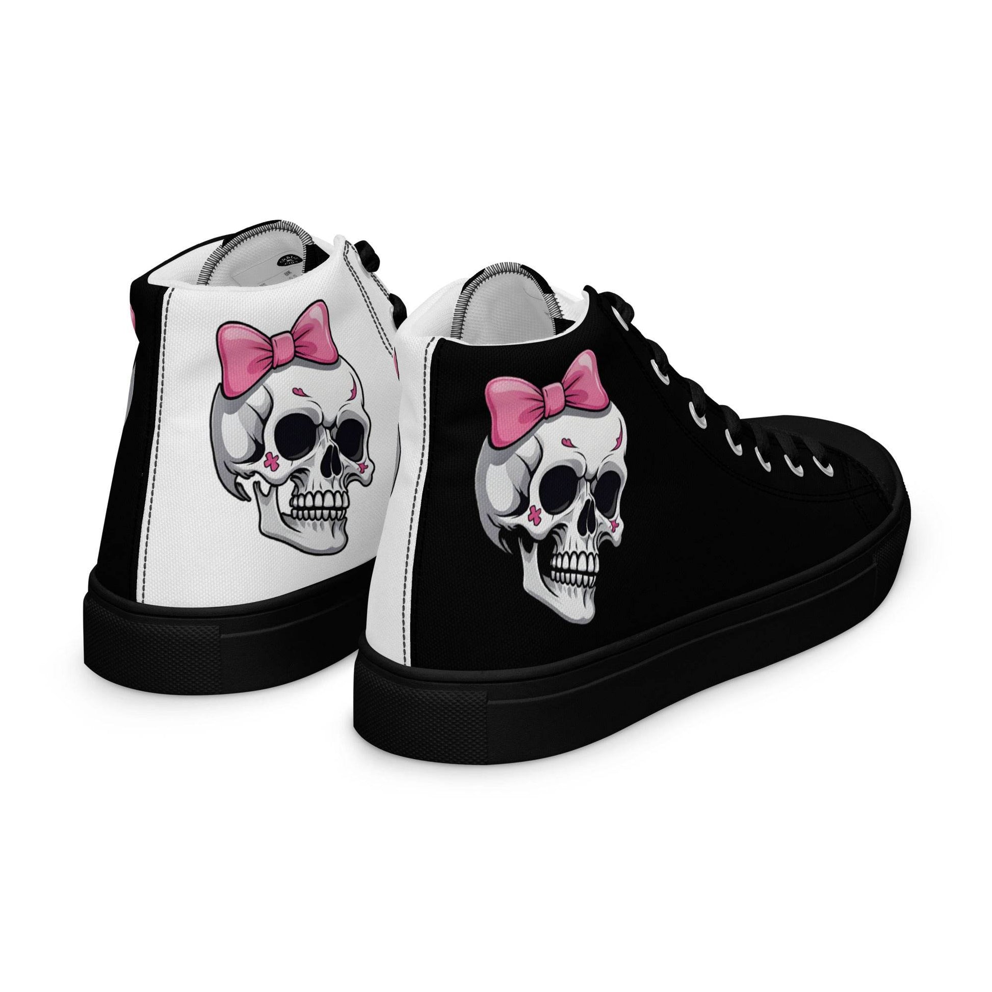 Black and White Girly Skull with Pink Bow Women’s High Top Canvas Shoes - 5