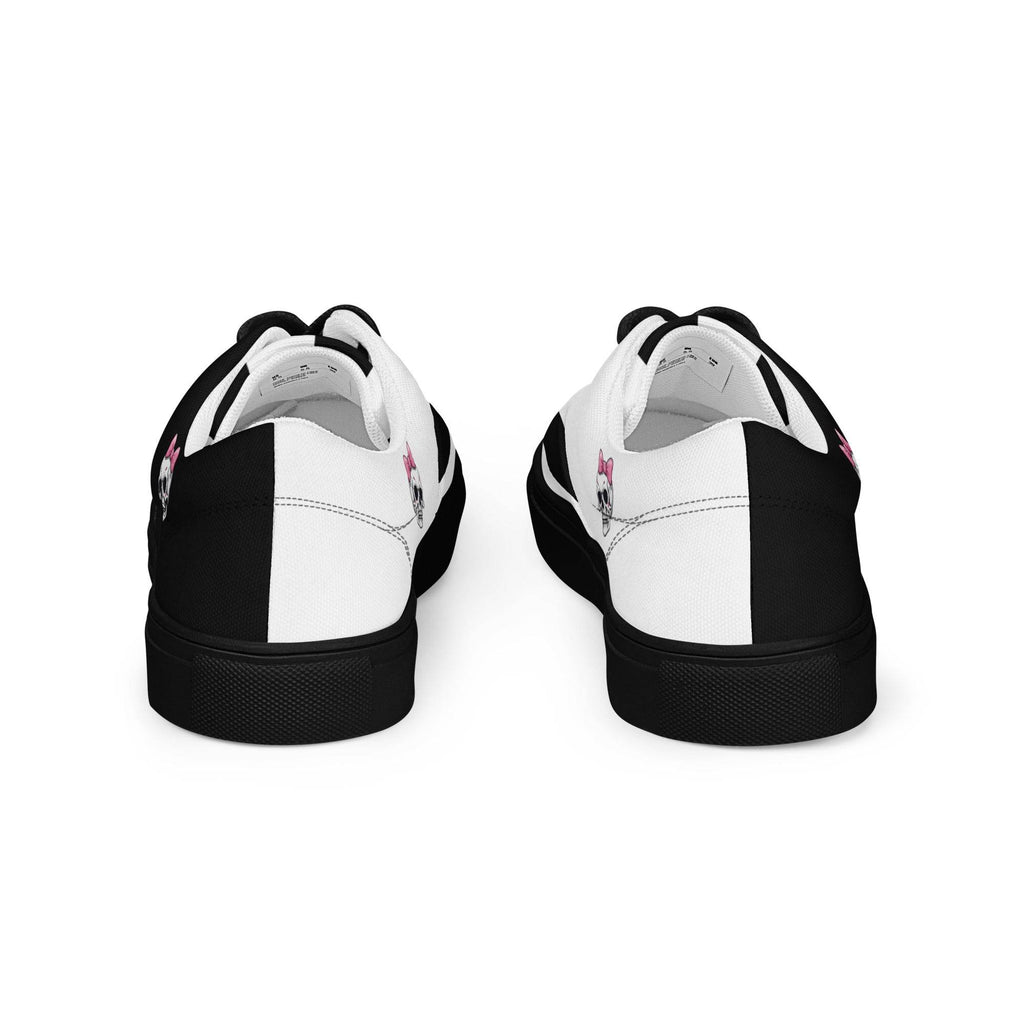 Black and White Girly Skull with Pink Bow Women’s Lace-up Canvas Shoes - 5