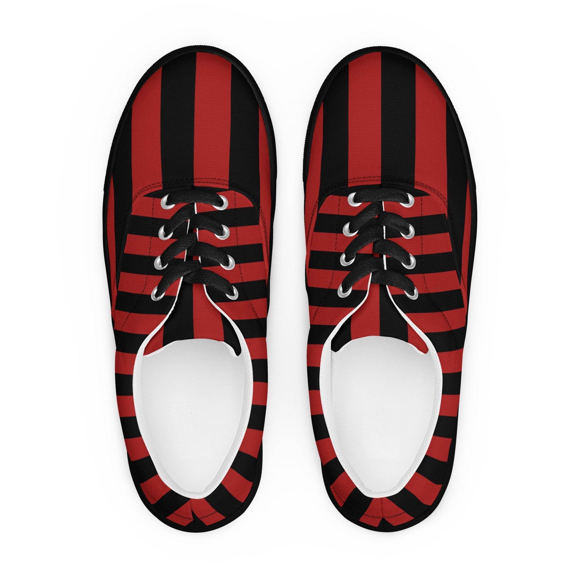 Black and Red Striped Women’s Lace-up Canvas Shoes - 5