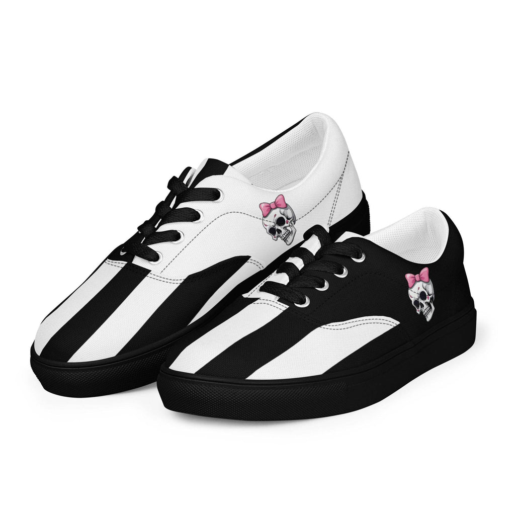 Black and White Girly Skull with Pink Bow Women’s Lace-up Canvas Shoes - 5