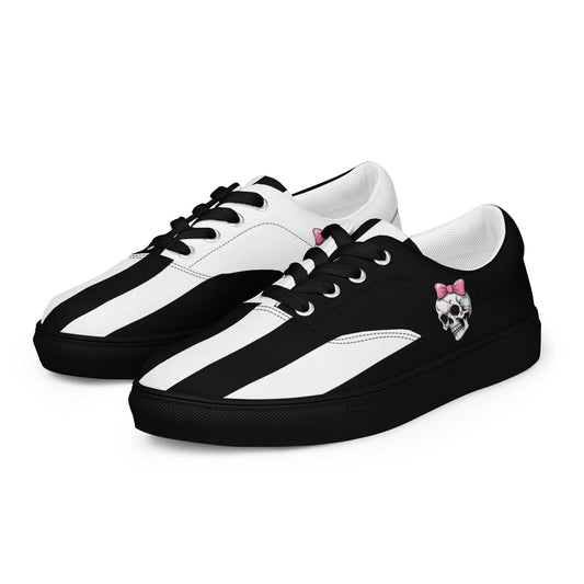 Black and White Girly Skull with Pink Bow Women’s Lace-up Canvas Shoes - 5