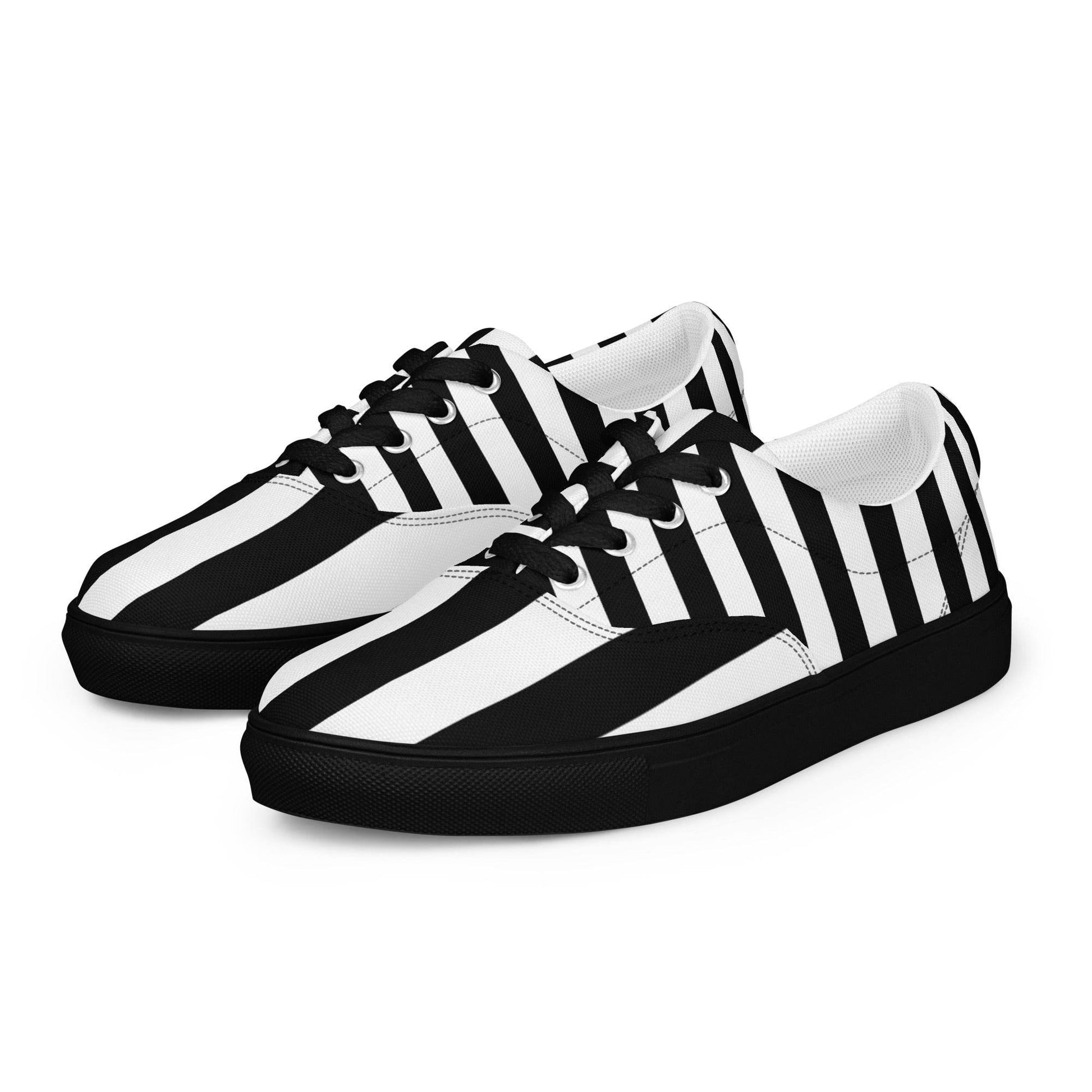 Black and White Striped Women’s Lace-up Canvas Shoes - 5