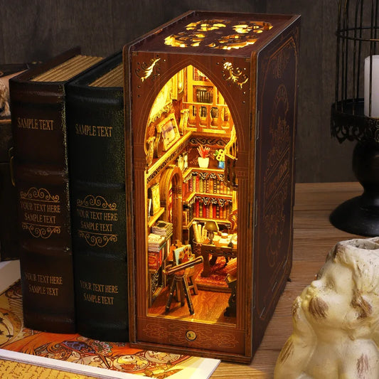 Wooden Book Nook Shelf Insert Kits Miniature Books Library Saint Church Bookends Doll Houses Bookshelf DIY Handmade Crafts Gift