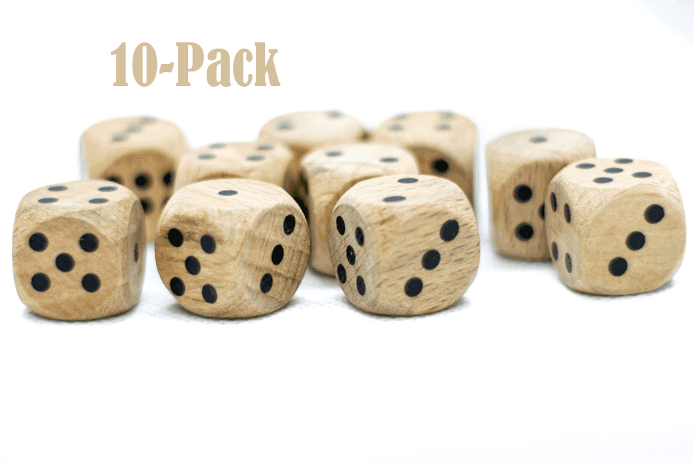 10-Pack Wooden 16mm d6 Dice w/ Black Dots Rounded Corners - Wood Dice - 