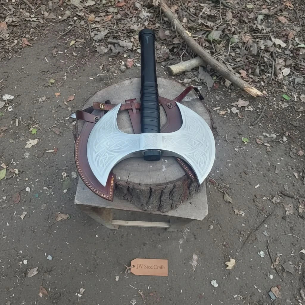 Handcrafted Double-Headed Decorative Axe featuring Nordic-style Engravings and Cord-wrapped Grip