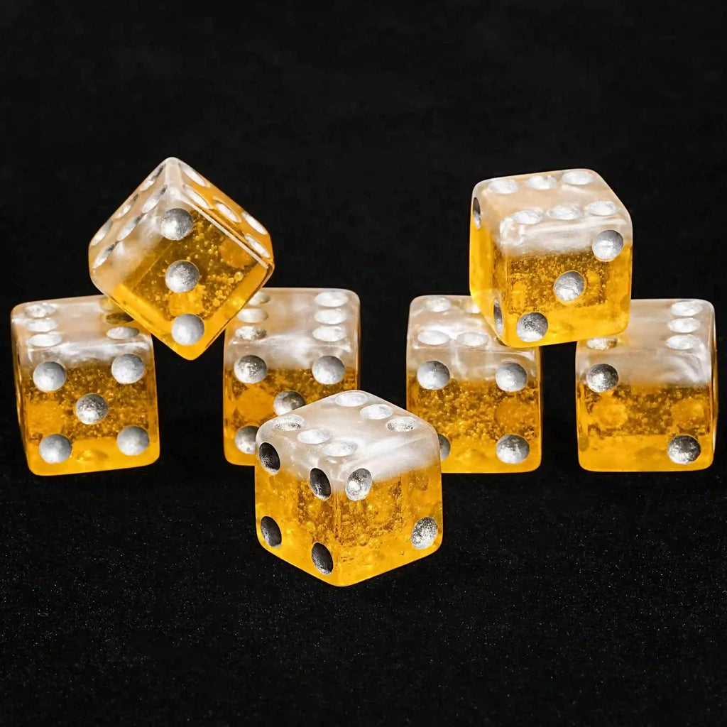 Yellow beer resin silver dots 7xD6 dice set