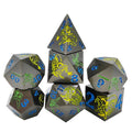 Yellow Dragon and Warrior Black Metal Solid DND Dice Set + Blue Font