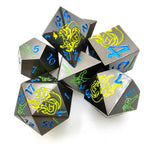Yellow Dragon and Warrior Black Metal Solid DND Dice Set + Blue Font