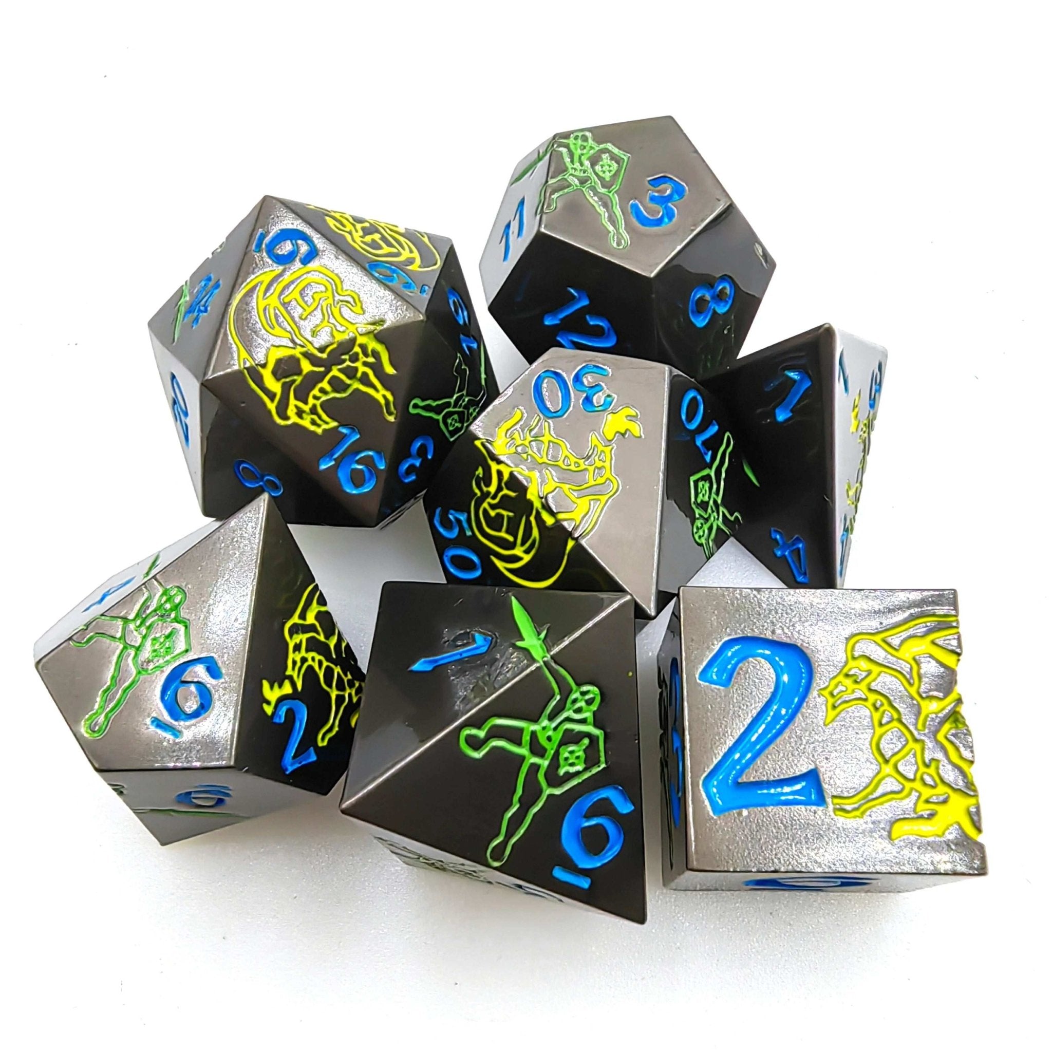 Yellow Dragon and Warrior Black Metal Solid DND Dice Set + Blue Font
