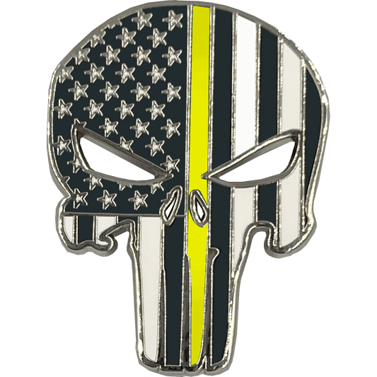 PBX-003-A Thin Gold Line American Flag Pin Police Emergency 911 Dispatcher with die-cut eyes yellow trucker and dual pin posts and deluxe locking clasps - 