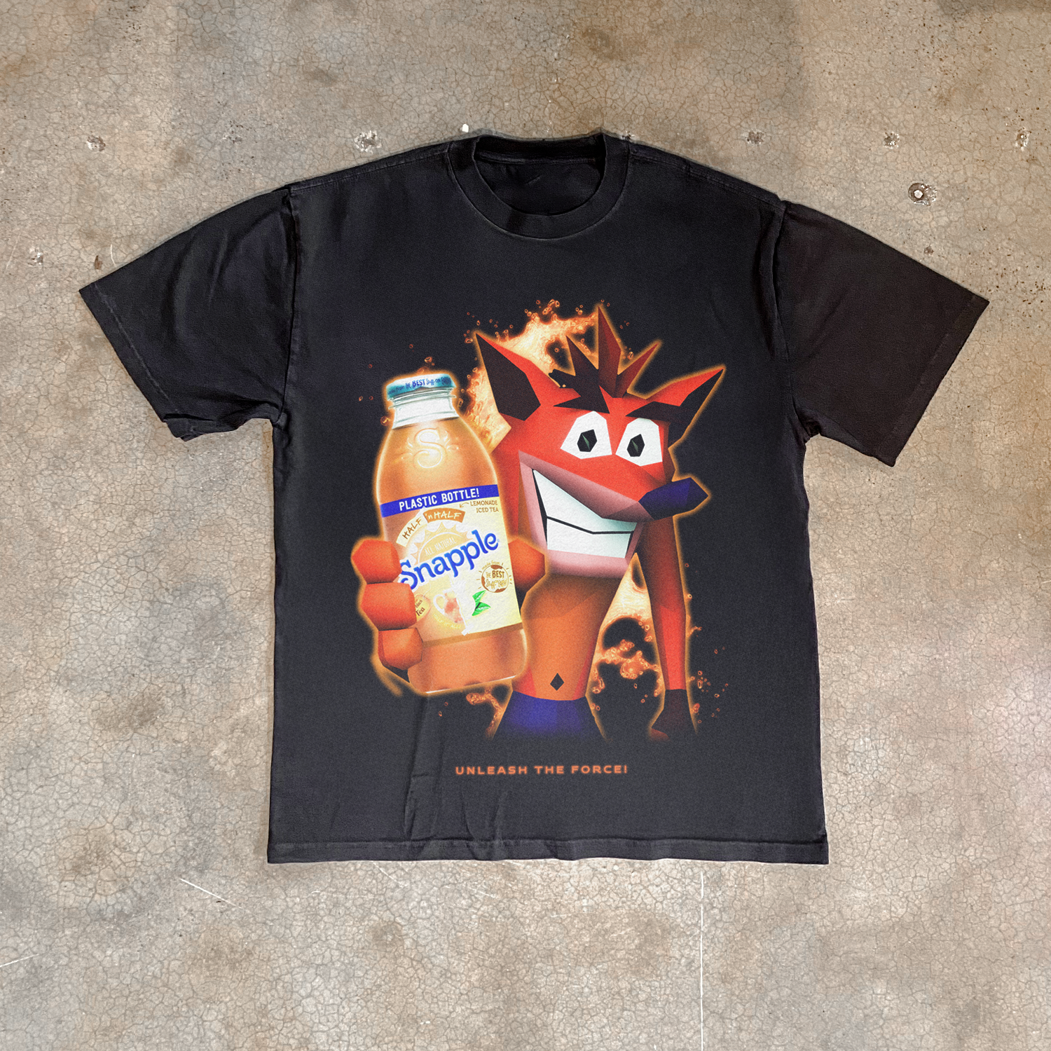 90S Nostalgia 'Crash Bandicoot X Snapple' Heavy Faded Black Tee