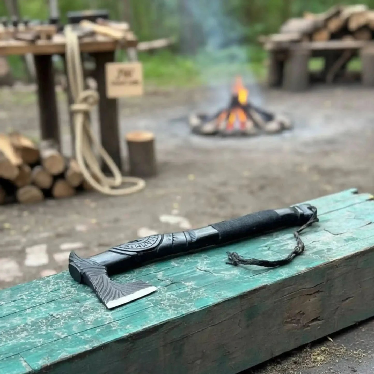 Viking-Style Hand-Carved Battle Axe | Blackened Wood Handle & Leather Sheath